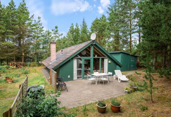 Feriehus med brændeovn, omgivet af træer og flot natur i Houstrup