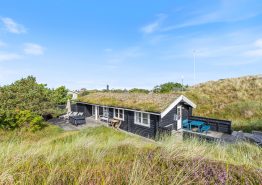 Hyggelig bjælkehytte på smuk naturgrund ved Vesterhavet